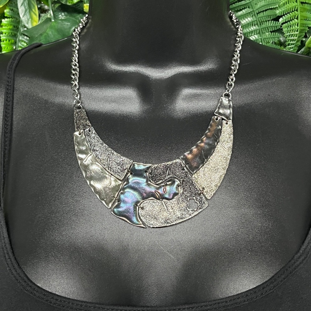 Bib Statement Necklace Silver Tone Mixed Texture Patchwork Iridescent 3980